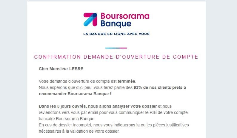 Mail de confirmation d'inscription à Boursorama Banque